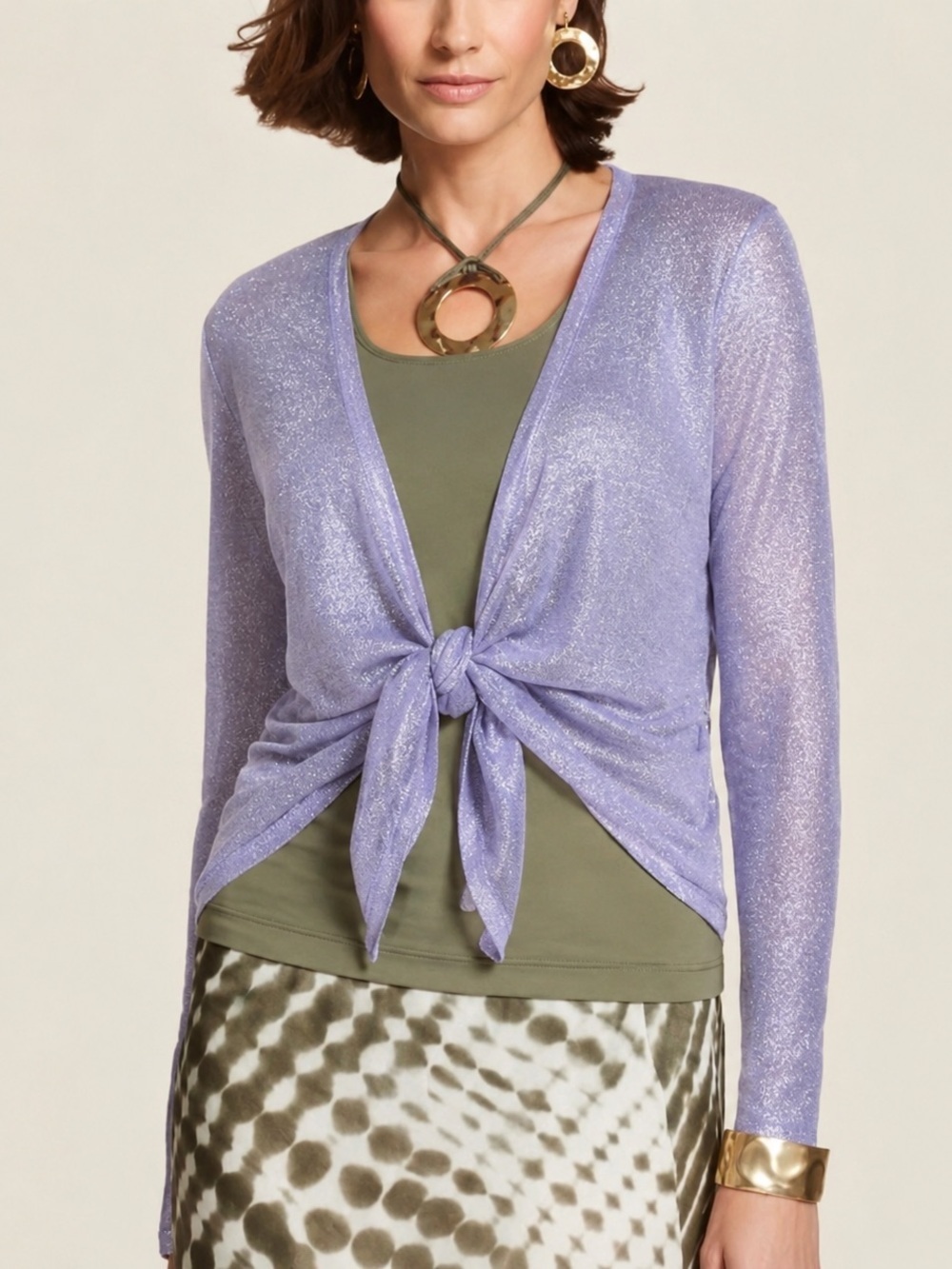 Chicos Foil Drape Alyssa Cardigan Open Front Metallic Purple Lavender Size XL